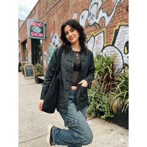 Vtg Kenki Black Textured Chinese Jacket 1L Frog Closures Gold Silk Lining Y2K